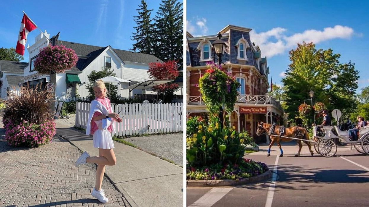 A person in a small town in Ontario. Right: A horse-drawn carriage in a town in Ontario.