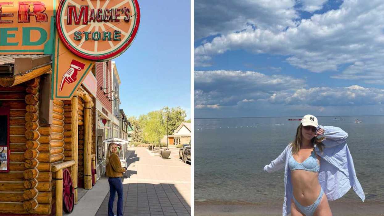 A person in a town. Right: A person at a beach.