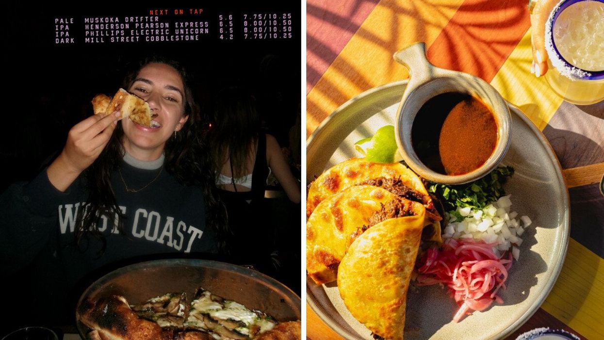 A person in a West Coast sweater eating a slice of pizza. Right: Tacos on a plate with a sauce and a Margarita.