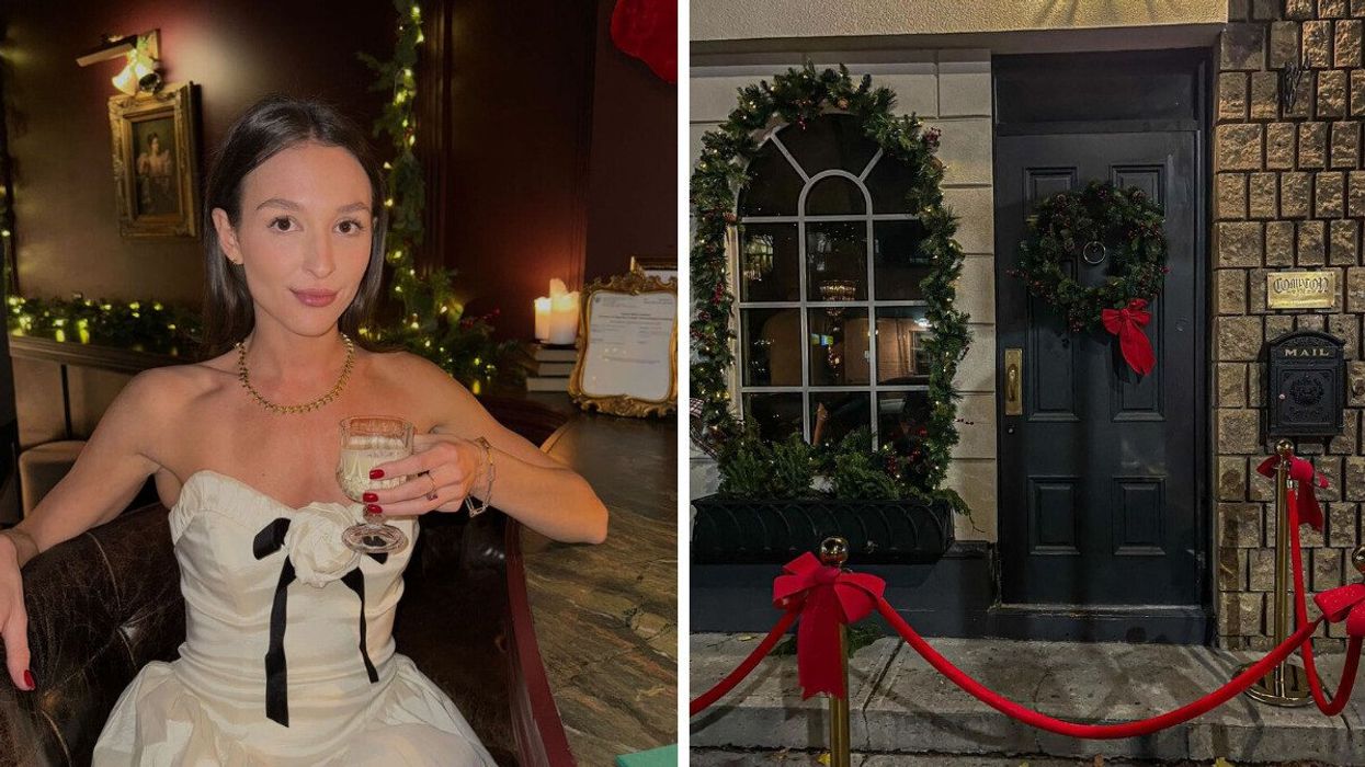 A person in a while dress holding a drink. Right: A building with Christmas decor.