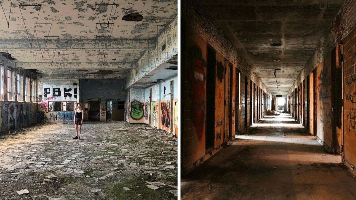 A person in an abandoned prison. Right: A hallway in an abandoned prison in Ontario.