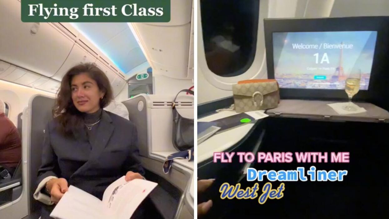 A person in an Air Canada plane. Right: A seat on a WestJet plane.