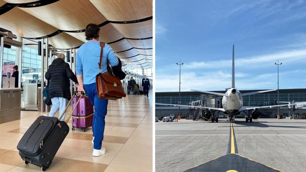 A person in an airport. Right: A plane on the runway.