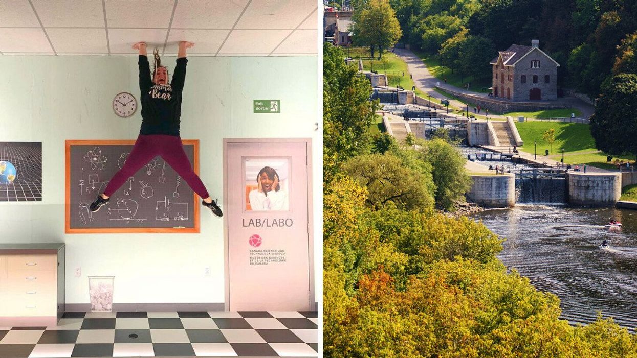 A person in an upside-down room. Right: Ottawa Locks.