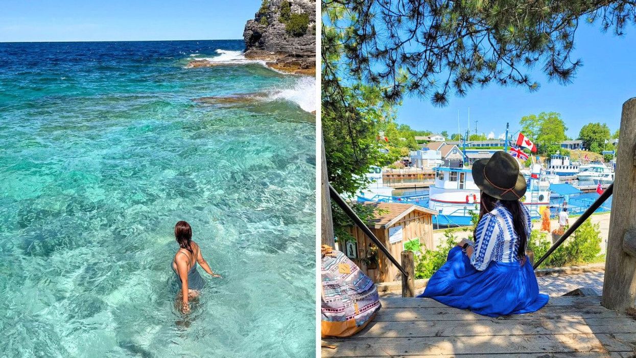 A person in blue water. Right: A person sitting in a harbour.