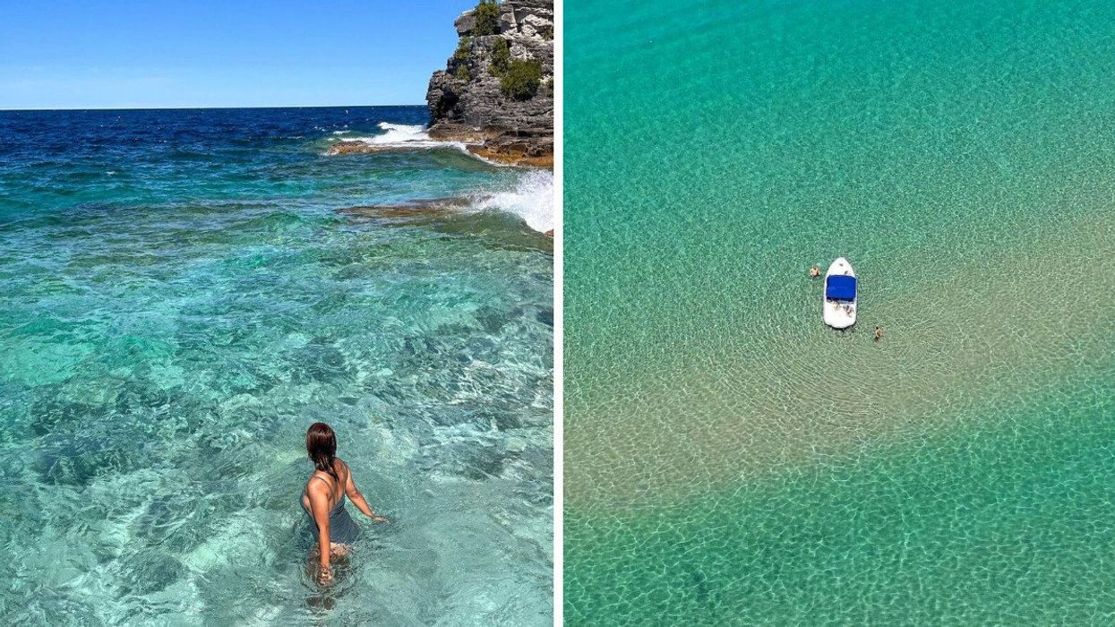 A person in clear blue water. Right: A boat floating on turquoise water.