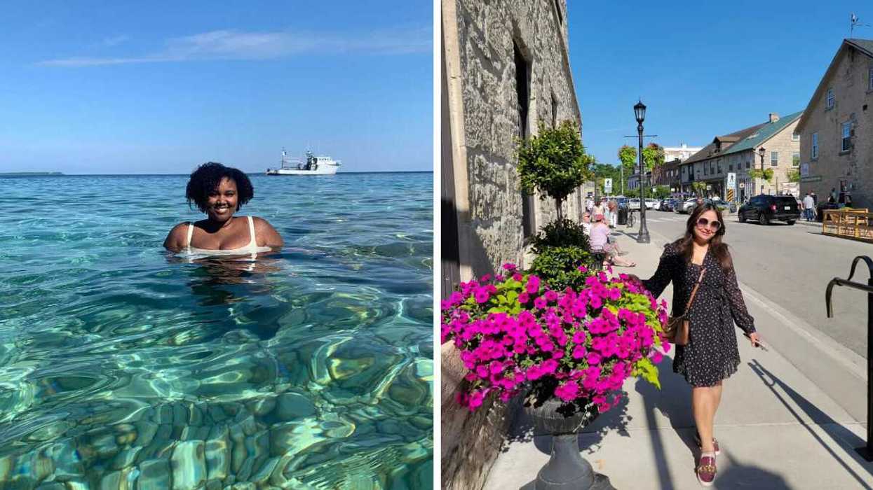 A person in clear water. Right: A person beside flowers on a street.