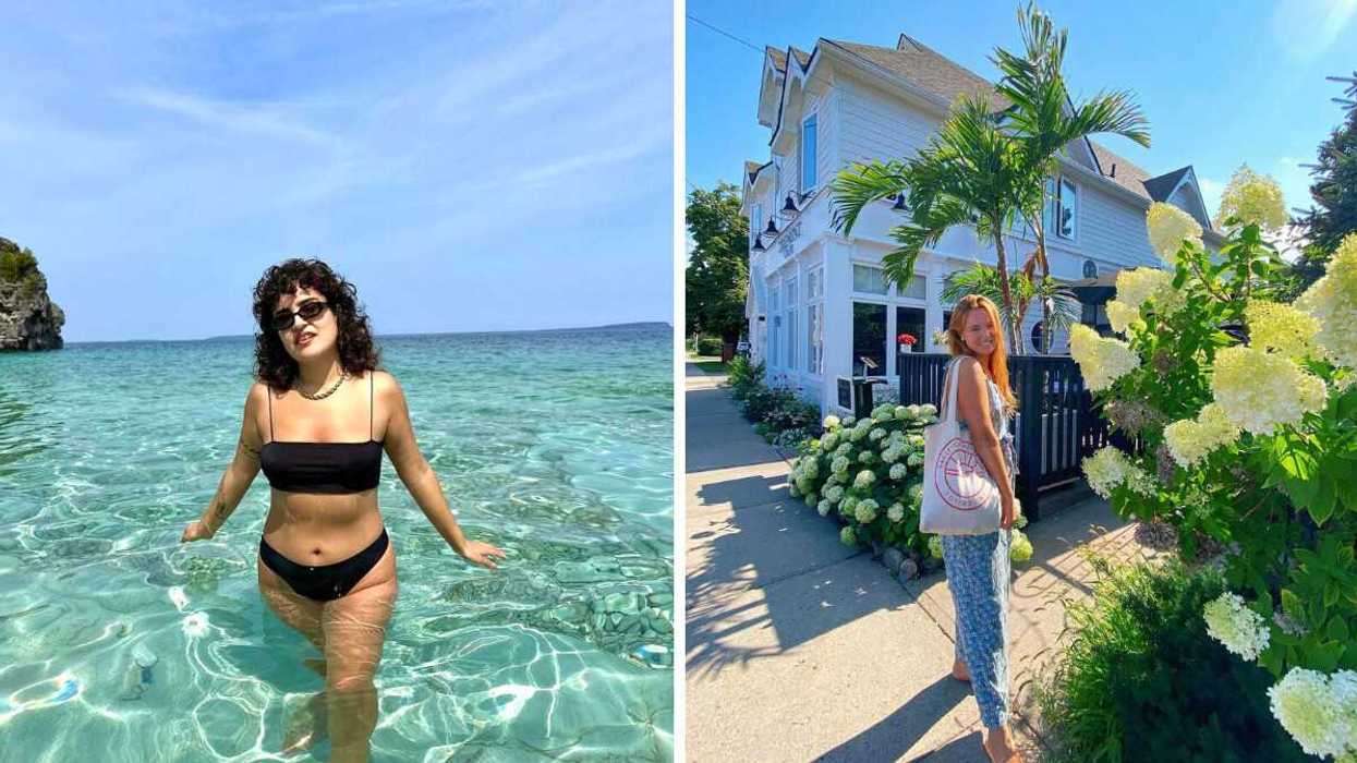 A person in clear water. Right: A person standing outside a building.