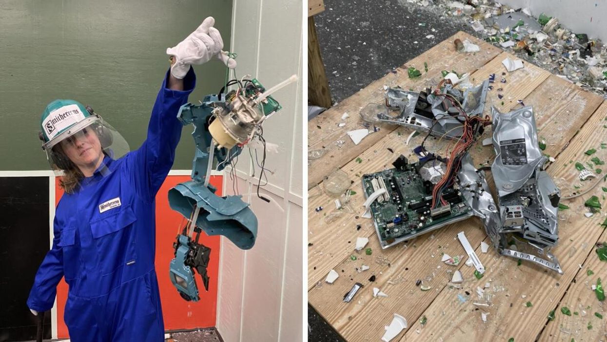 A person in gear holding up smashed electronics. Right: smashed glass and electronics from the Smithereens rage room.