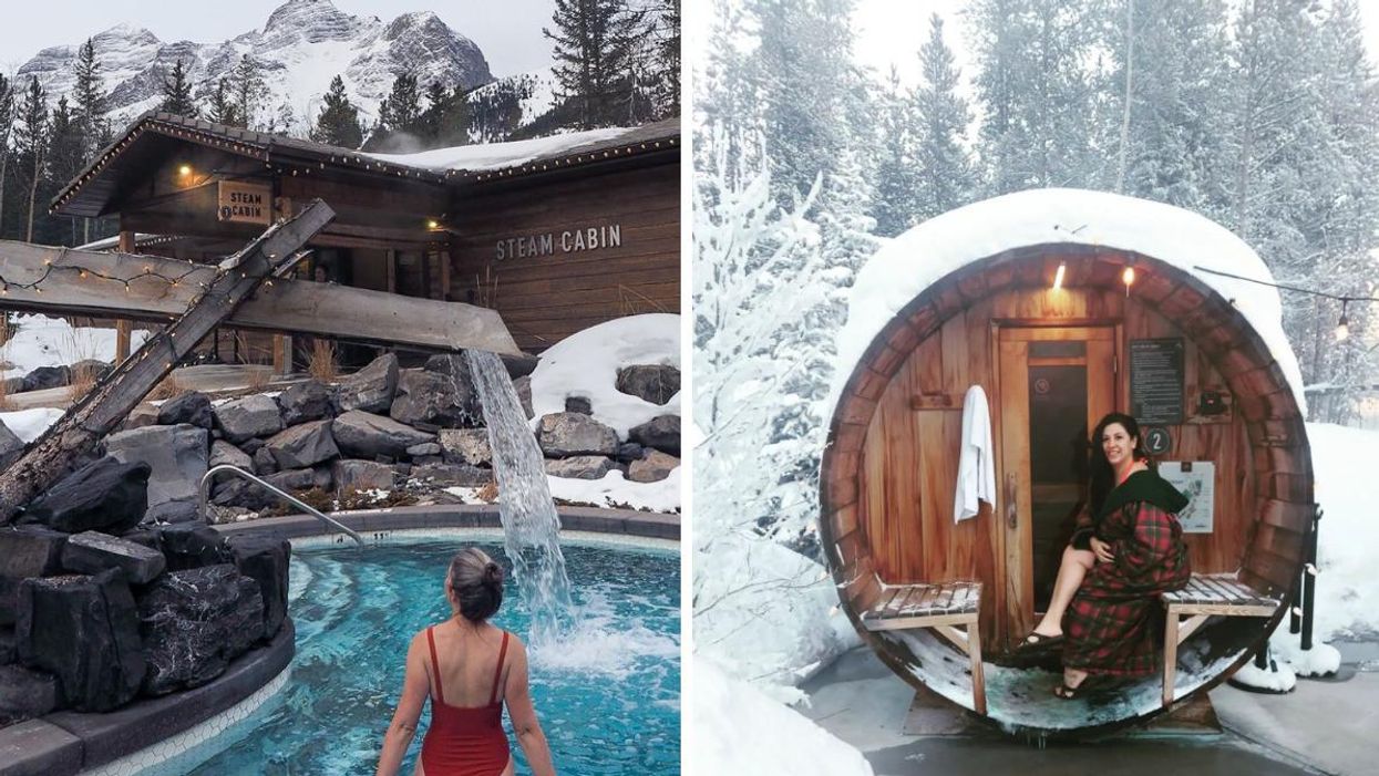 A person in one of the spa's hot pools. Right: A person sitting outside a barrel sauna.