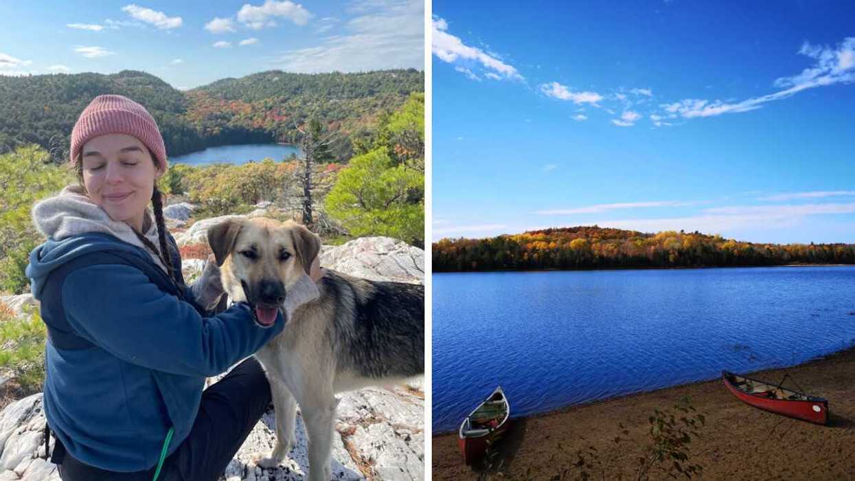 A person in Ontario wilderness with their dog. Right: A scenic lakeside beach with two canoes.