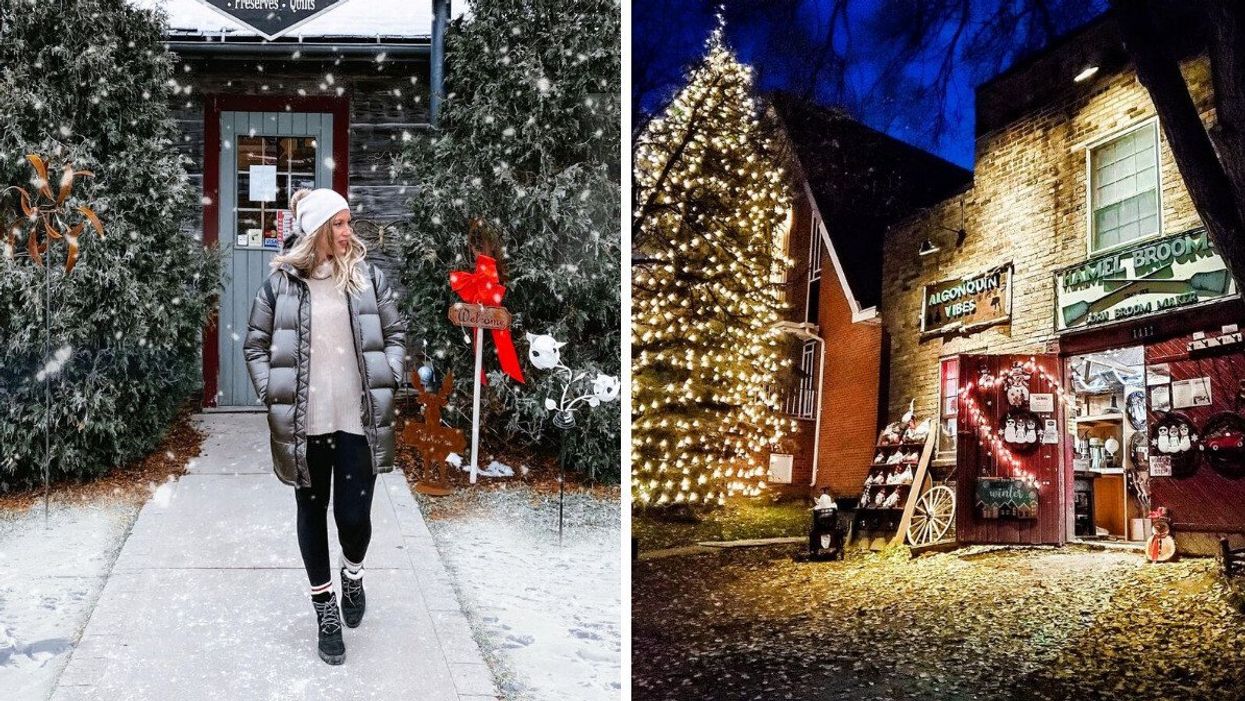 A person in St. Jacobs Village. Right: Holiday lights in St. Jacobs.
