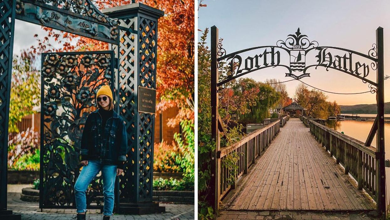 A person in Stratford, Ontario. Right: A bridge in North Hatley, Quebec.