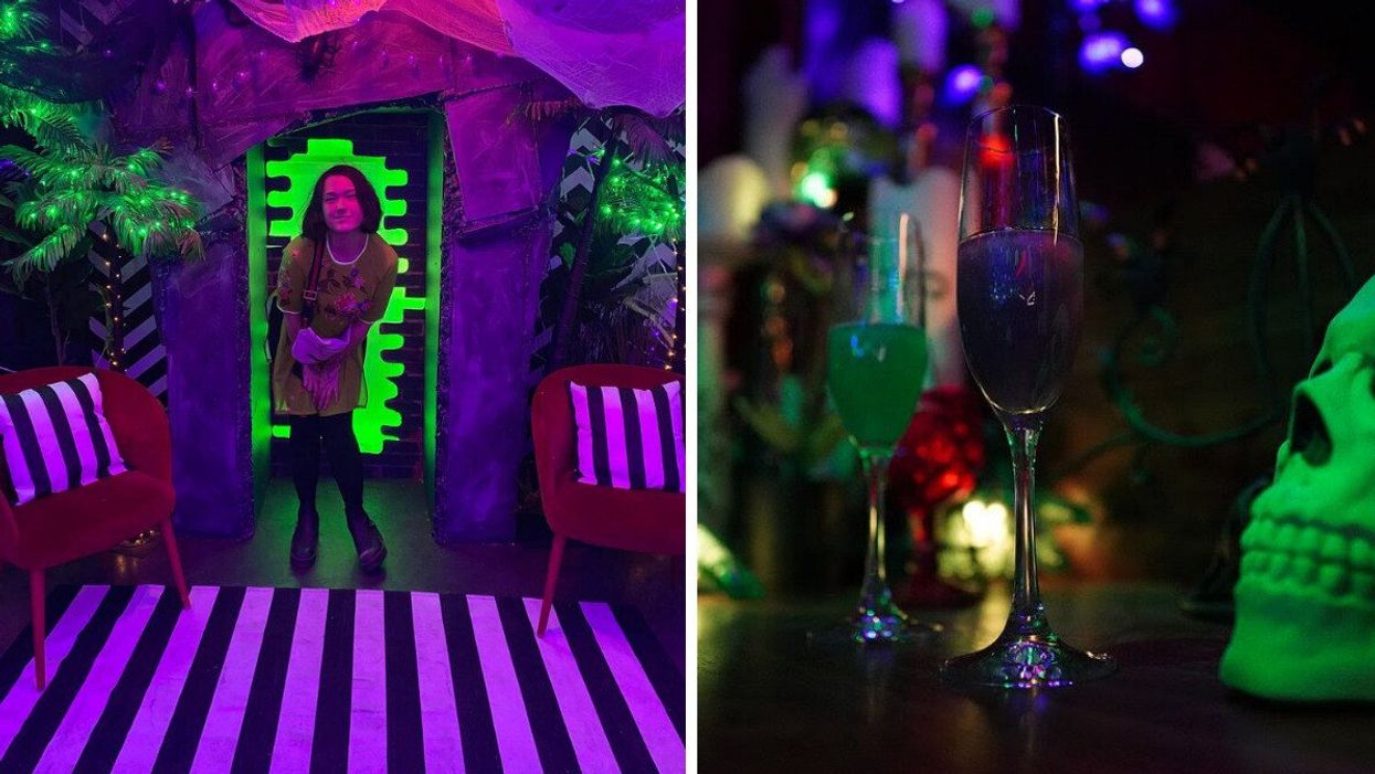 A person in the immersive experience. Right: Drinks from the bar.
