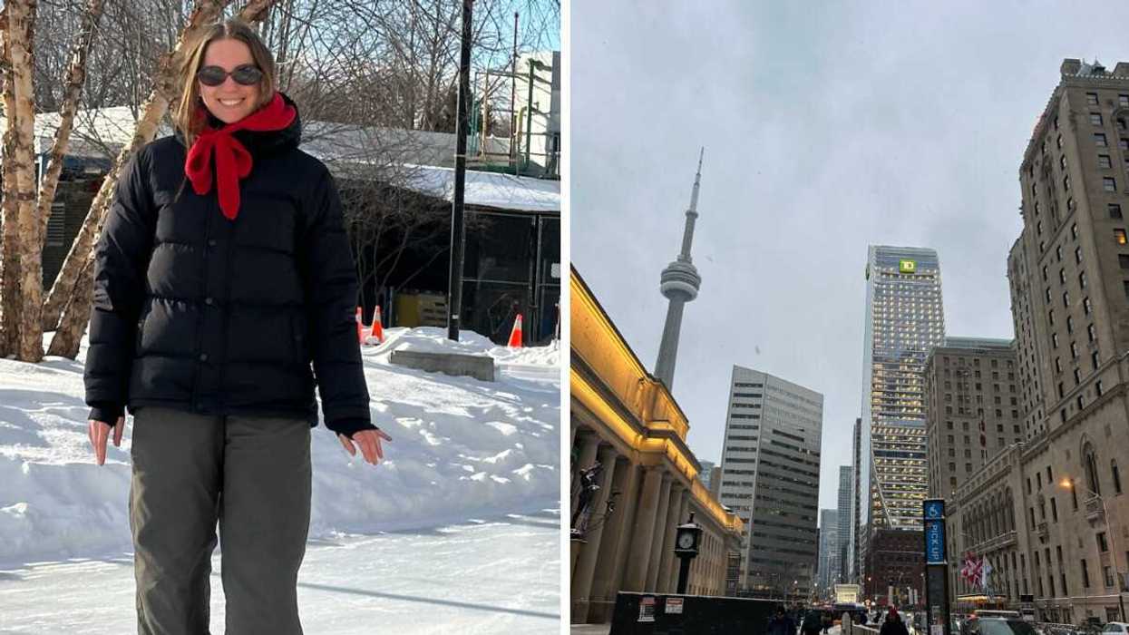 A person in the snow. Right: Toronto street.