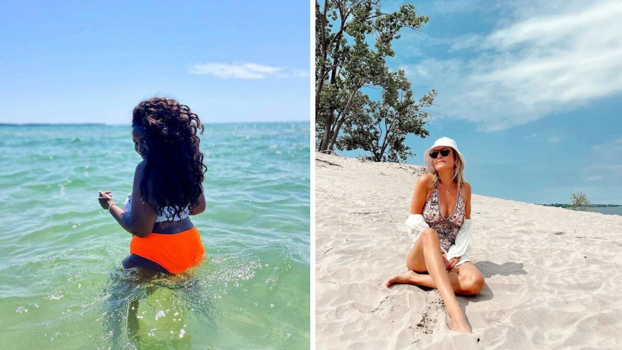 A person in the water. Right: A person on a sandy beach.