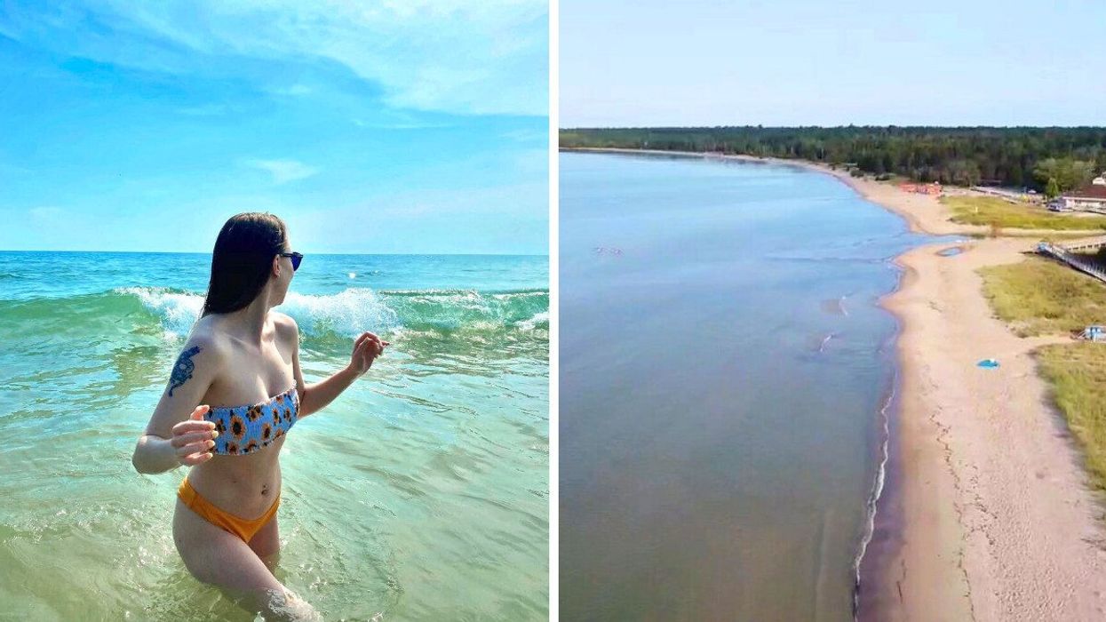 A person in the water. Right: An aerial view of a sandy beach.