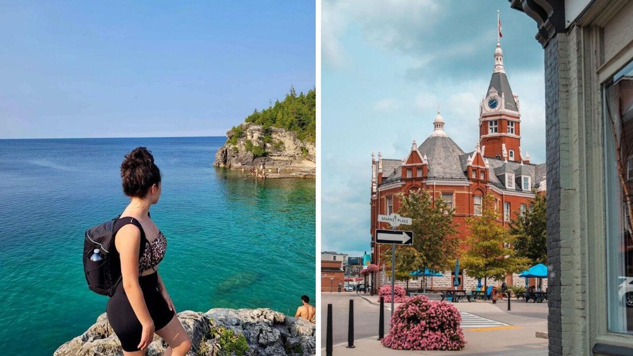 A person in Tobermory, Ontario. Right: Stratford city hall in Ontario.