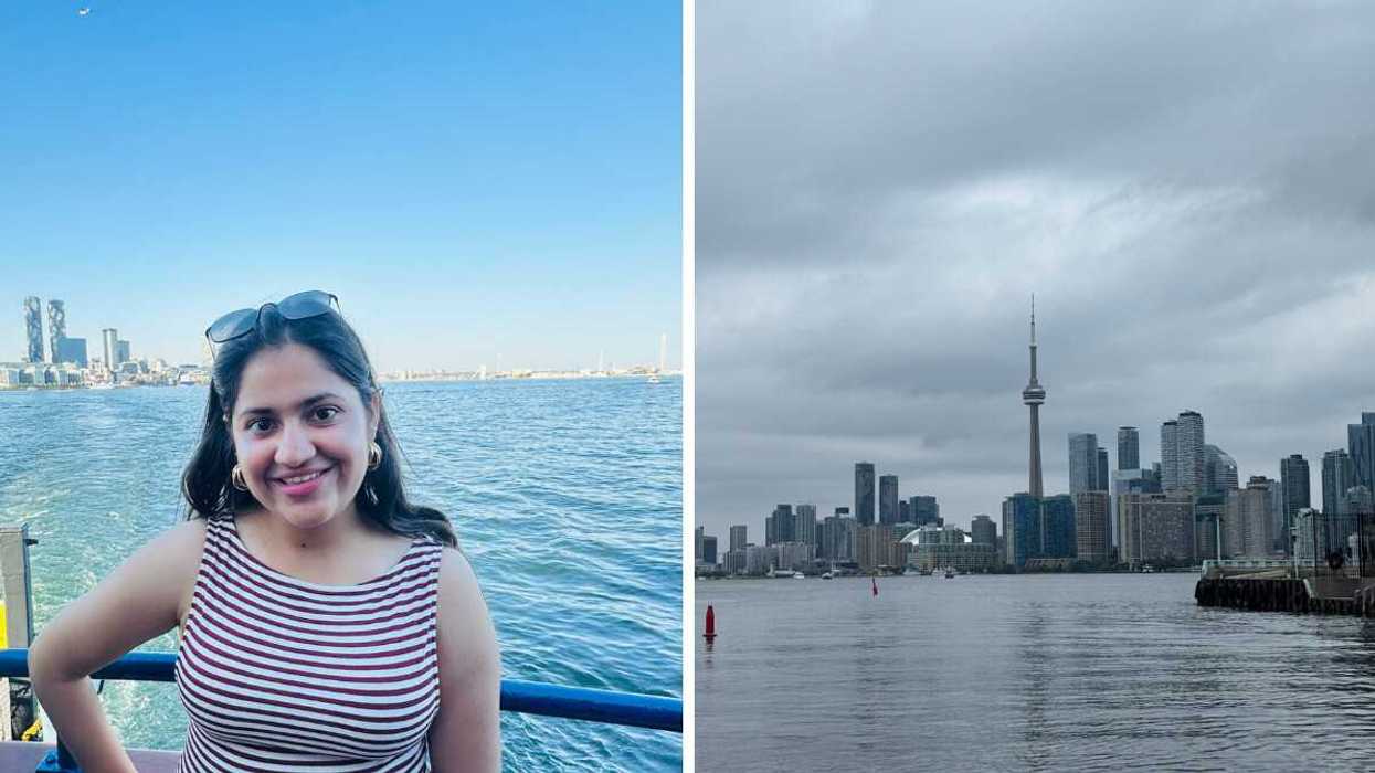 A person in Toronto by the water. Right: Toronto city.