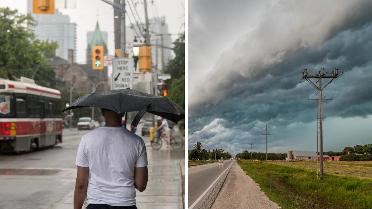 A person in Toronto holding an umbrella. Right: Storm clouds rolling in.