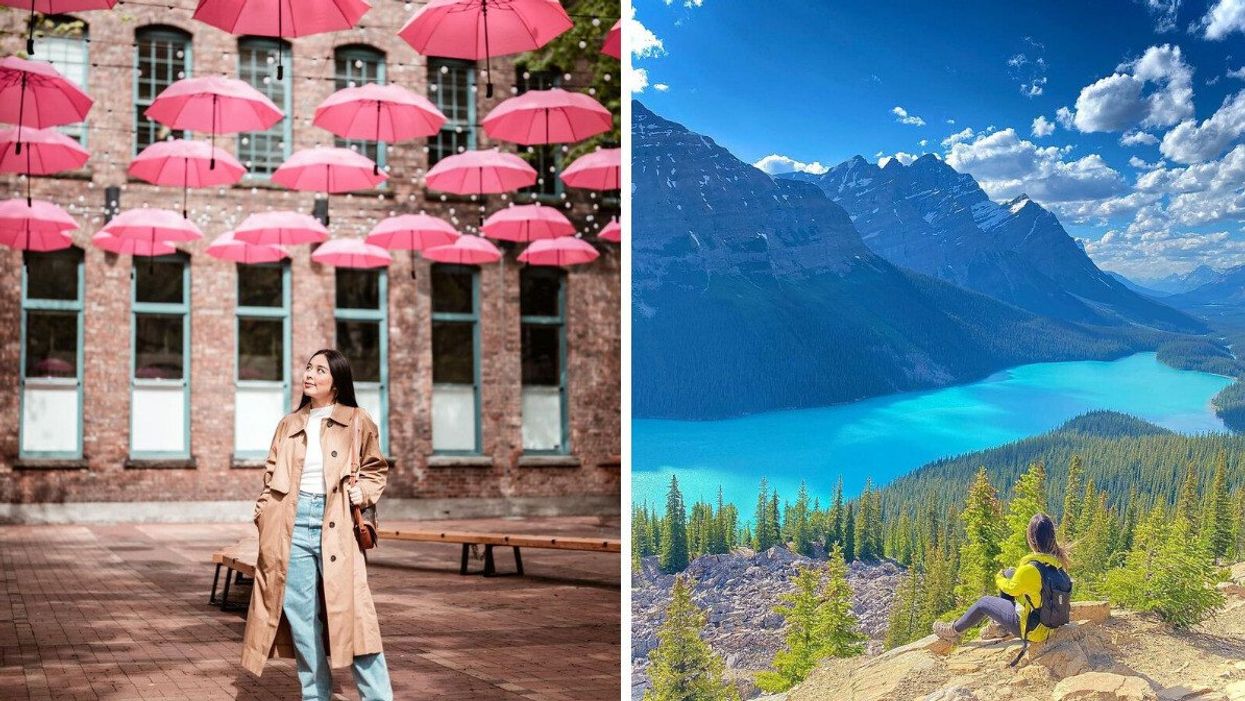 A person in Vancouver. Right: A hiker at Peyto Lake in Alberta.