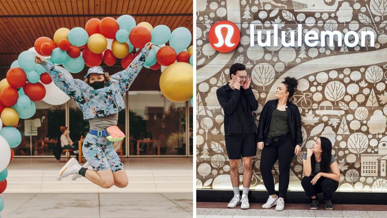 A person jumping in front of balloons dressed in Lululemon. Right: People in front of a Lululemon sign.