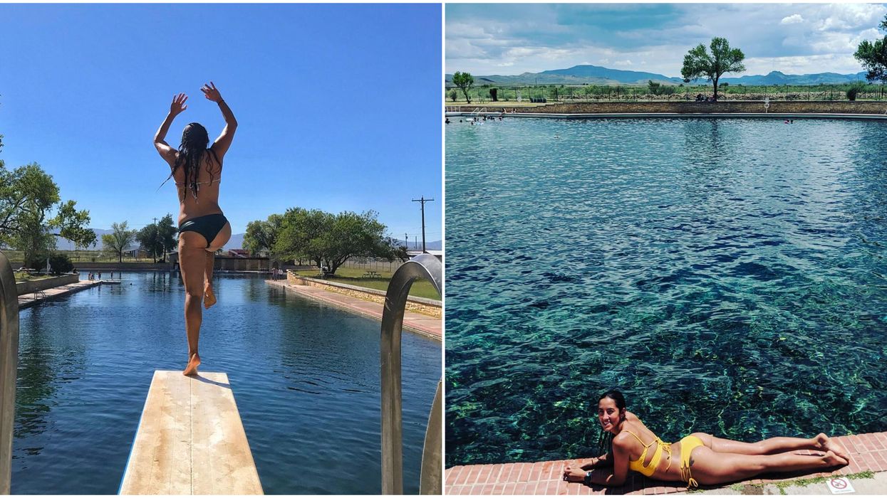 A person jumping off the diving board at the spring-fed pool. Right: A woman laying down in front of the pool.