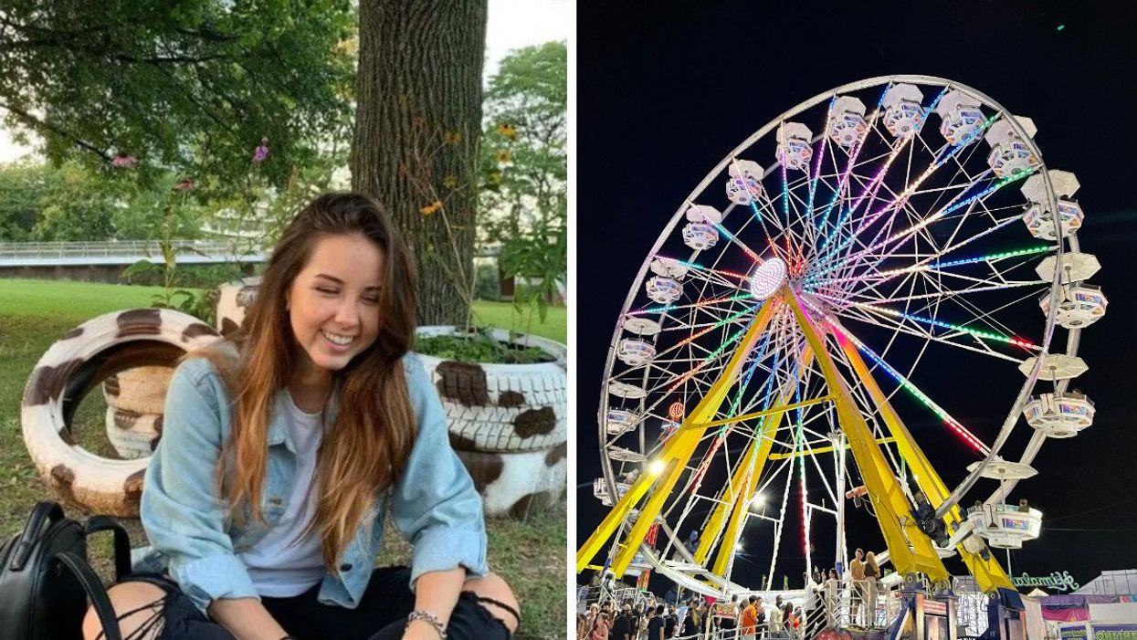 A person laughing at the park. Right: Ferris wheel at the CNE.