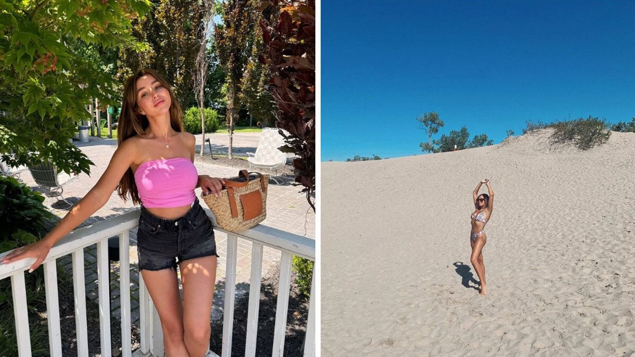 A person leaning against a railing. Right: A person standing on a sandy beach.