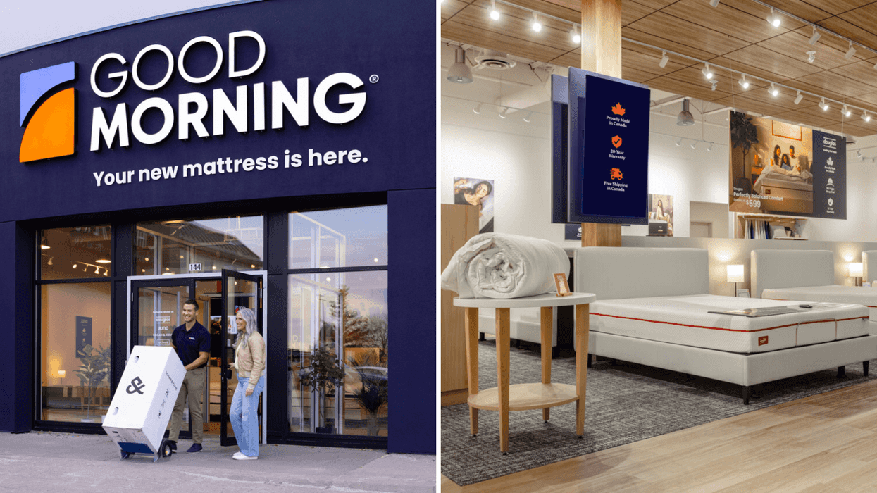 A person leaving a Good Morning show room with a new mattress. Right: Beds arranged inside a furniture showroom.