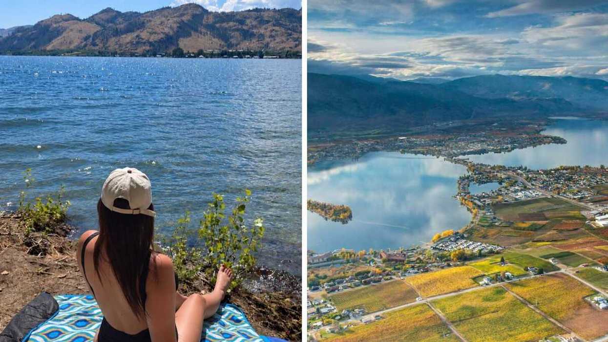 A person lies on a beach in B.C. Right: An aerial view of a lake in a small town in B.C. 