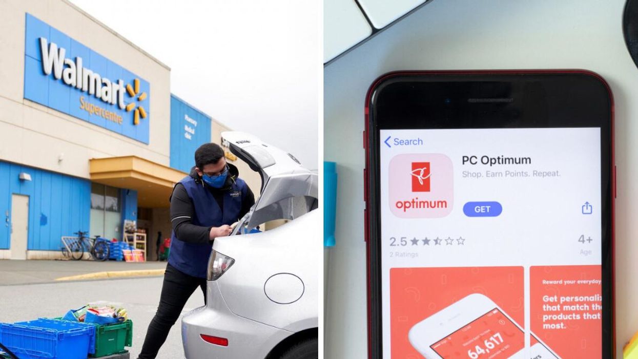 A person loading things into a car outside of a Walmart. Right: A phone with the PC Optimum app.