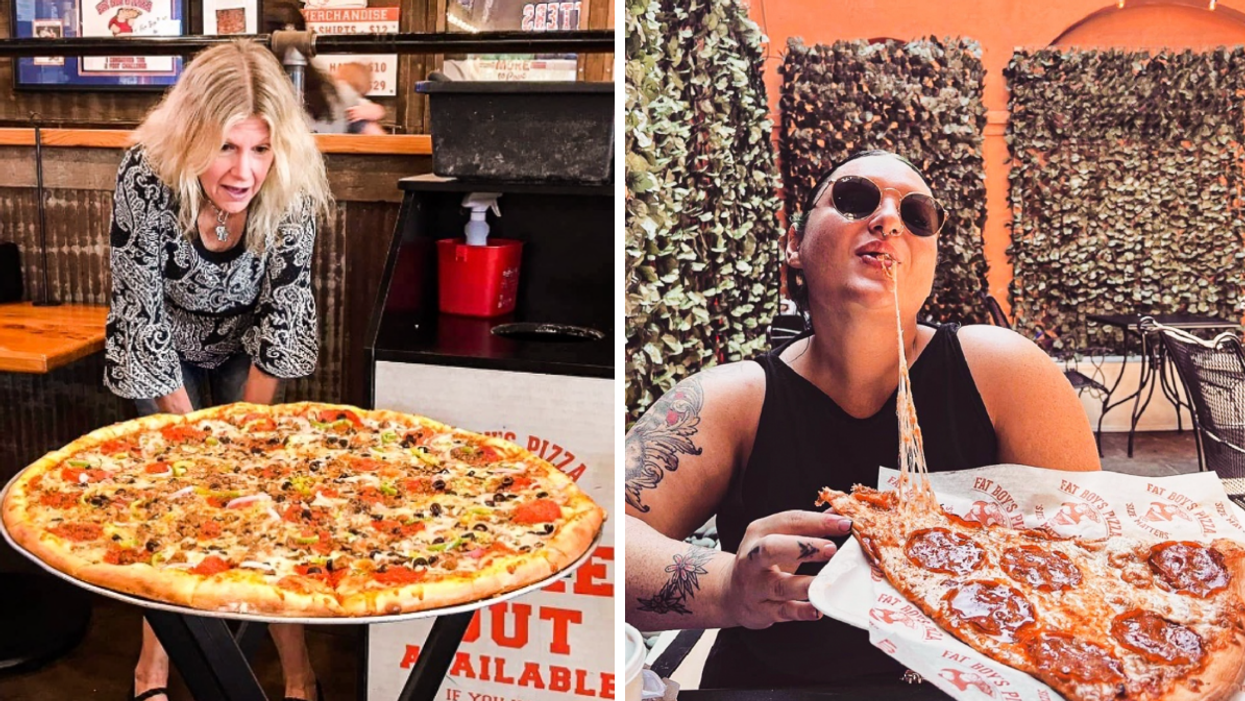A person looking at a large pizza pie. Right: A person eating a large slice.