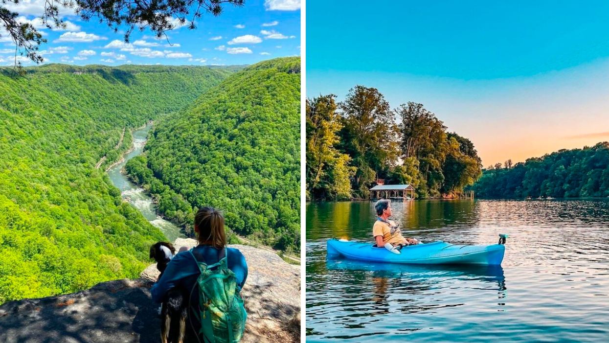 A person looking at the West Virginia scenery. Right: A person kayaking in West Virginia.