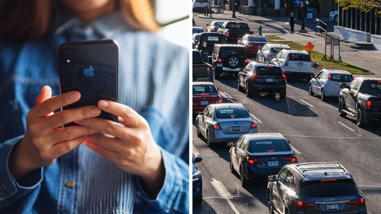 A person looking at their phone. Right: Cars in Calgary, Alberta.