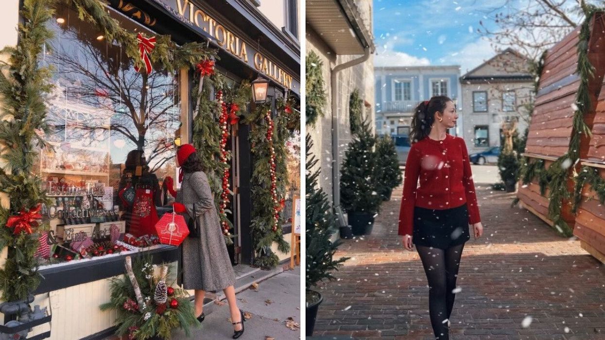 A person looking in a store window at Christmas time. Right: A person standing in a small town.