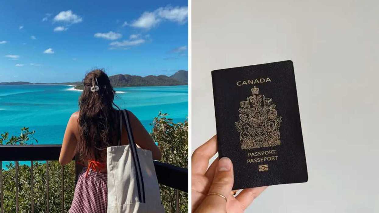 A person looking out at blue water. Right: Someone holding a Canadian passport.