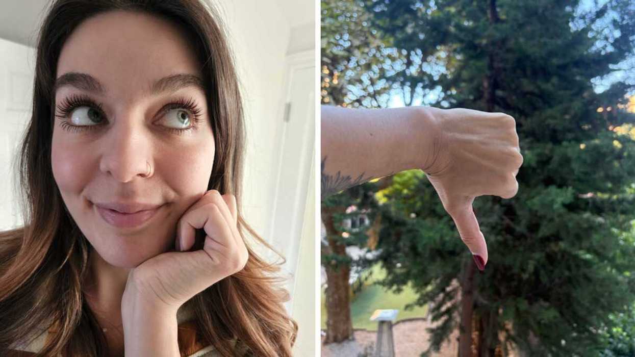 A person looking to the side. Right: A hand in a thumb's down position in front of trees.