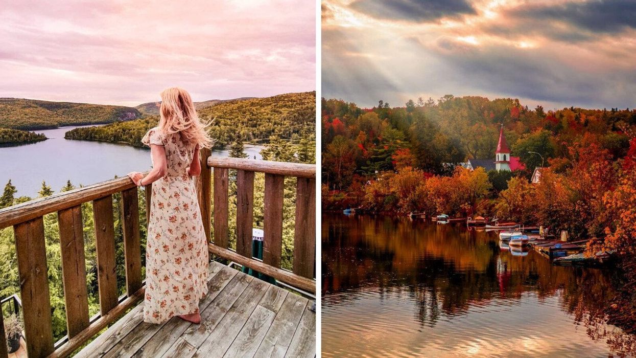 A person looks at a view at Lac Sacacomie, Quebec. Right: Wakefield, Quebec.