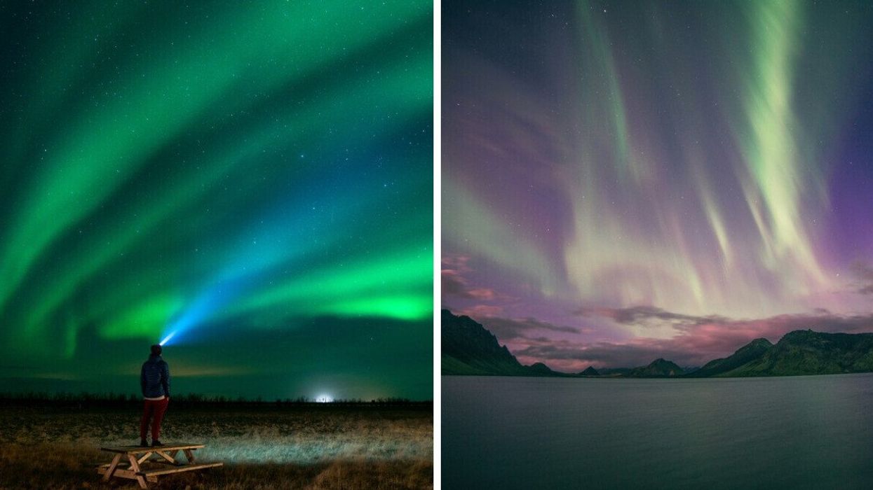 A person looks at green northern lights in the sky. Right: The northern lights are seen in the sky in shades of purple and green.