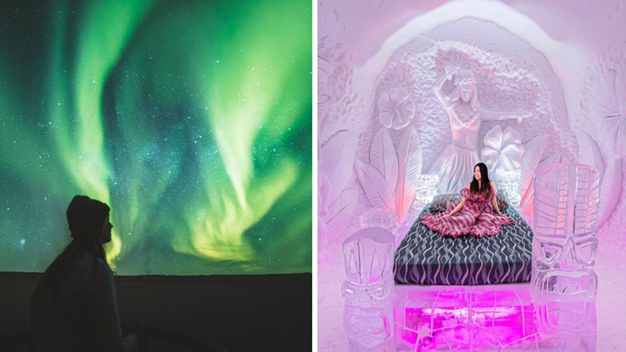 A person looks at the northern lights in Manitoba. Right: A person sits on a bed in an ice hotel.