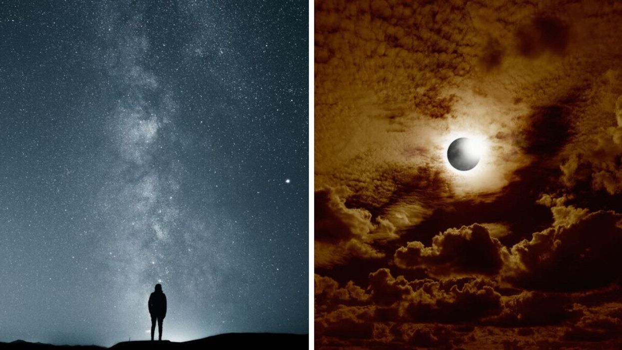 A person looks at the stars. Right: A solar eclipse in the sky.