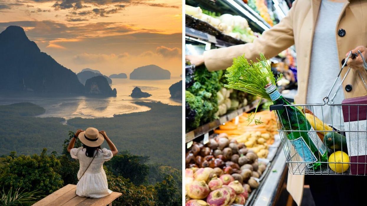 A person looks over a valley in Thailand. Right: A person buys groceries.