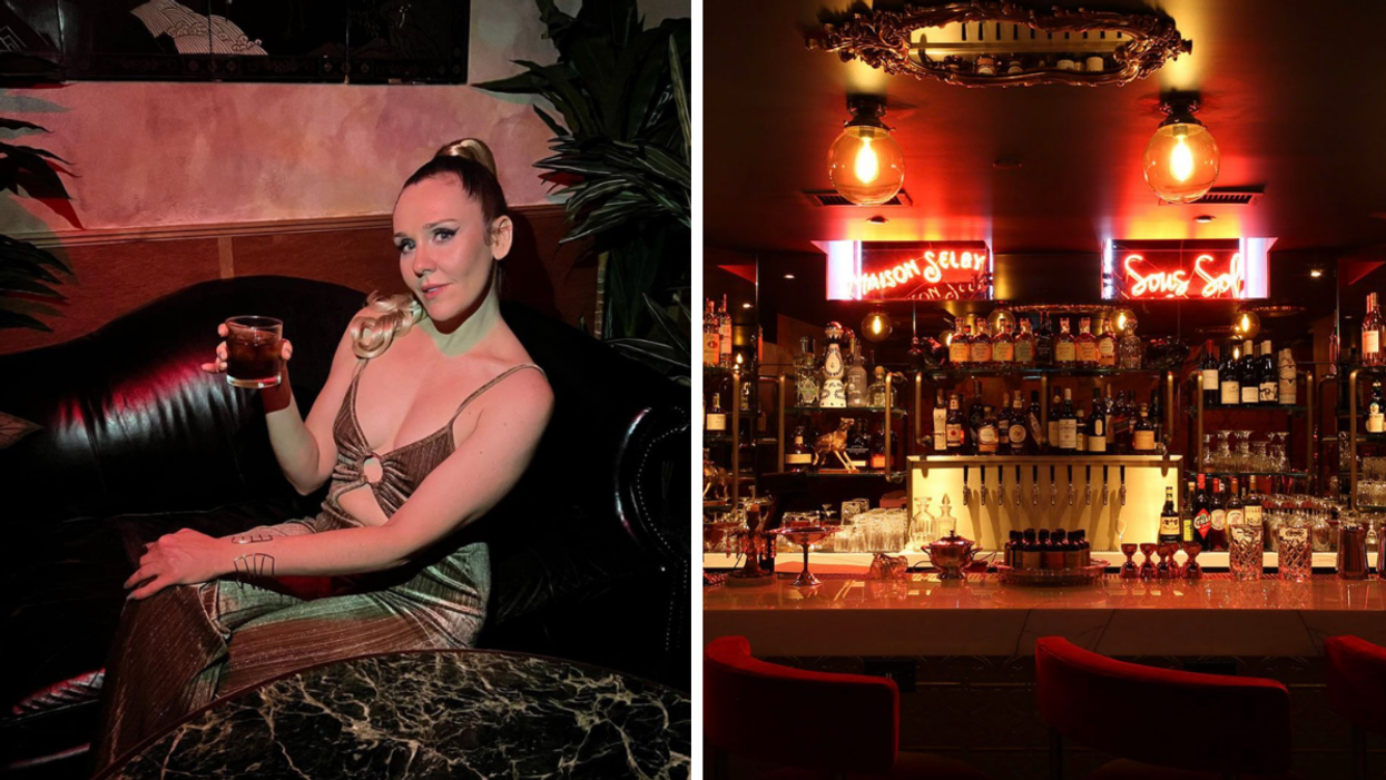 A person lounging on a chair with a drink. Right: Bar Sous Sol.