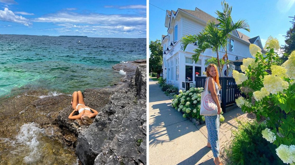A person lying on a rocky shore. Right: A person standing by flowers on a street.