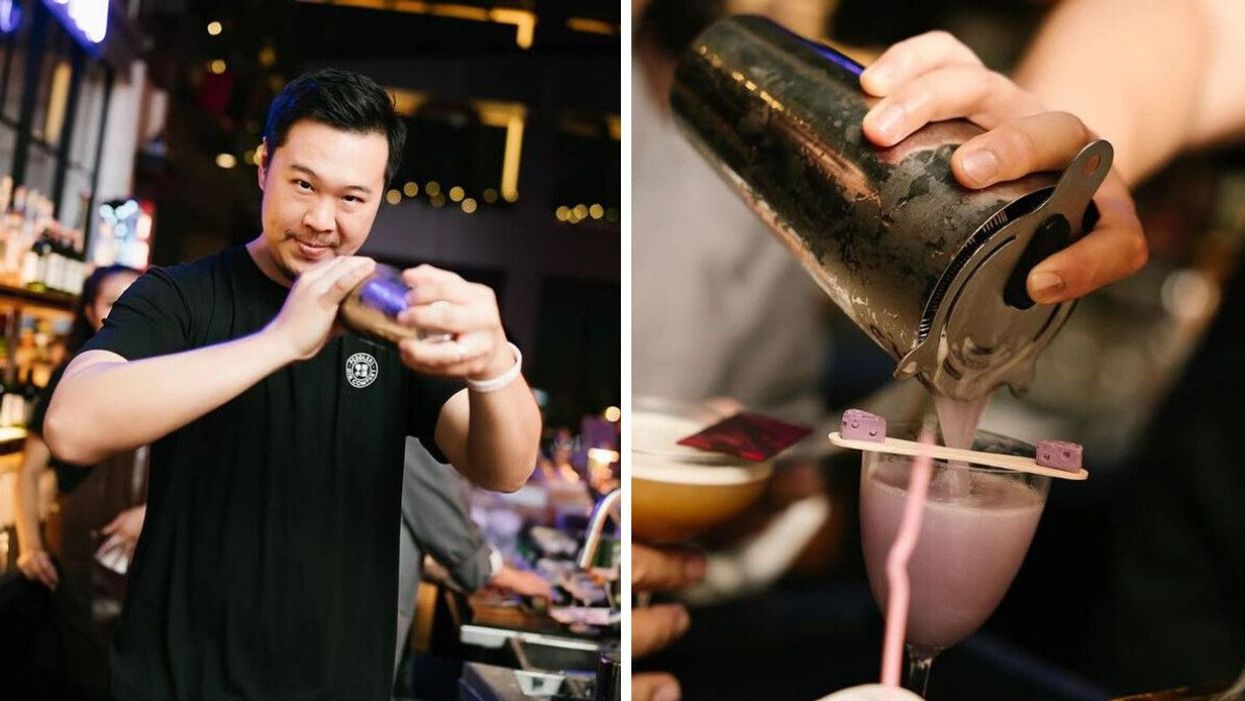 A person making a cocktail behind a bar. Right: A cocktail being poured into a glass.