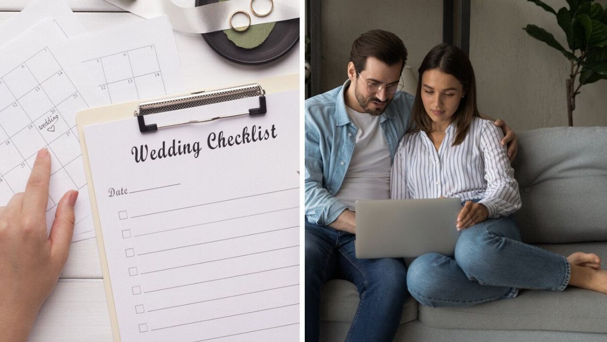 A person making a wedding checklist. Right: A couple doing some wedding planning research on a laptop.