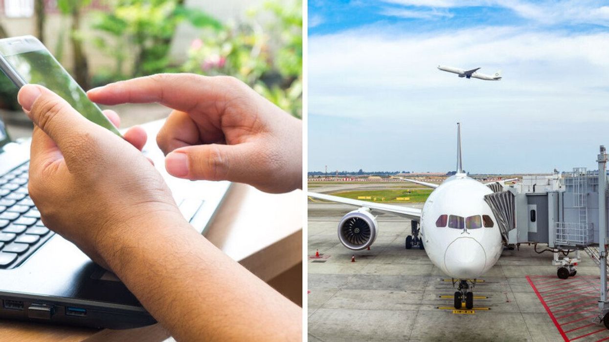 A person making an online purchase with a phone. Right: An airplane at an airport gate.