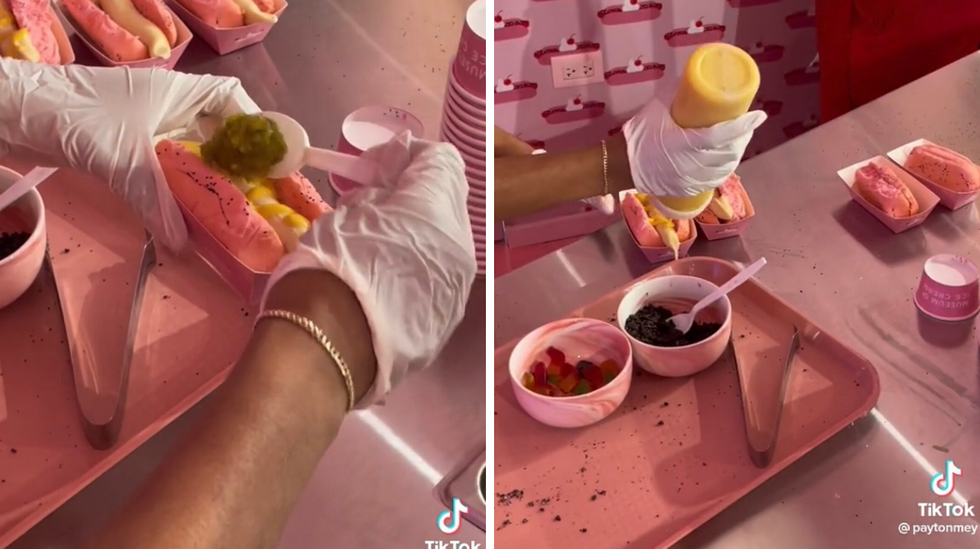 A person making the hot dog treat. Right: The hot dog stand at the Museum of Ice Cream in Chicago, IL.