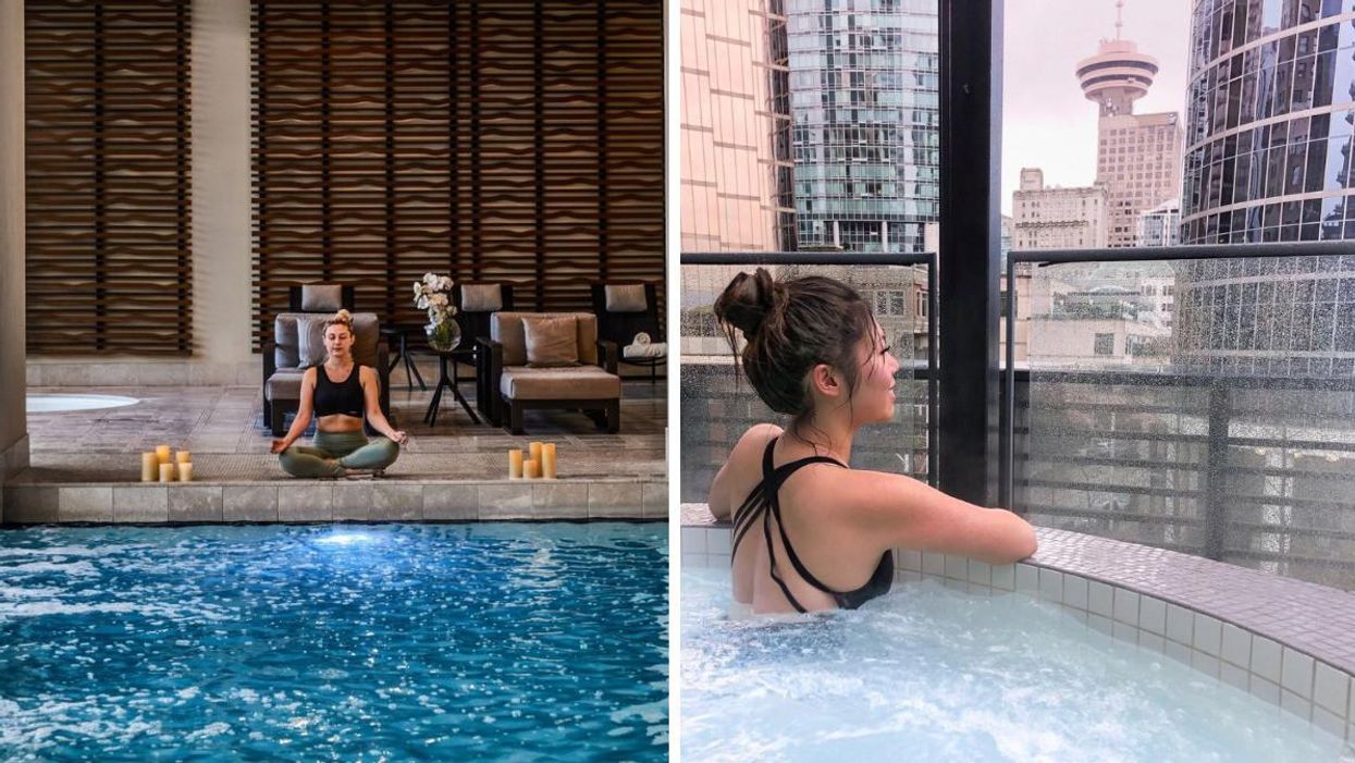 A person meditating beside a pool. Right: A person in a pool looking out at Vancouver.
